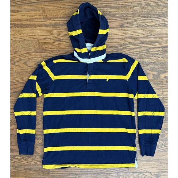 Polo Ralph Lauren Boy's Hooded Rugby Shirt XL 18/20 Navy Blue Yellow Striped - Picture 1 of 10